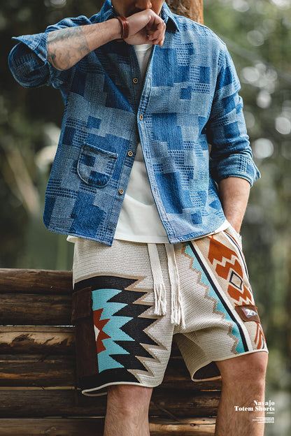Retro Navajo knitted shorts Hawaiian ethnic style beach five-point pants