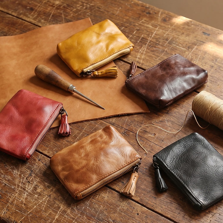 Retro Handmade Leather Zipper Wallet Coin Bag