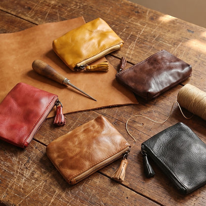 Retro Handmade Leather Zipper Wallet Coin Bag