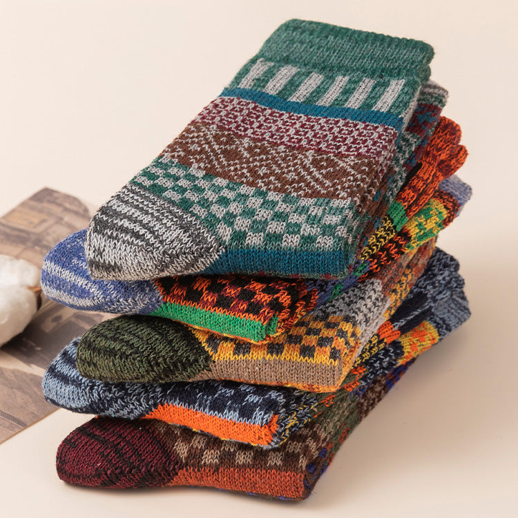 Winter colorful mid-calf socks thickened pure cotton stockings retro men's ethnic style boot socks（5 Pairs 5 color)