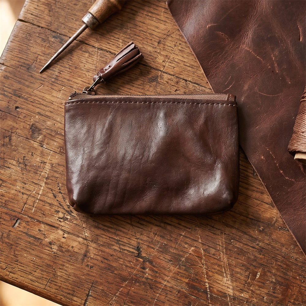 Retro Handmade Leather Zipper Wallet Coin Bag