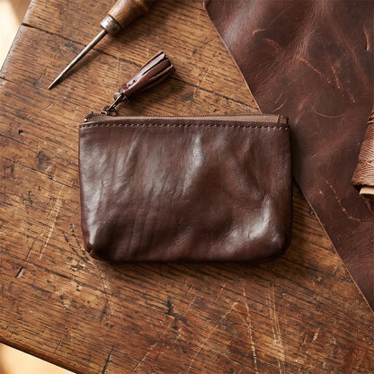 Retro Handmade Leather Zipper Wallet Coin Bag