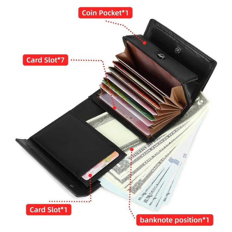 A Minimalist Tri-Fold Wallet in Black, Featuring a Business Style, Ultra-Thin Foldable Design, Secure Card Slots, And a Snap Closure