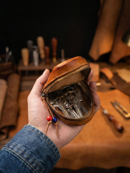 Top-grain Leather Vintage Key Pouches with Pom Pom Tassels