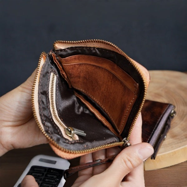 Retro Handmade Leather Zipper Wallet Coin Bag