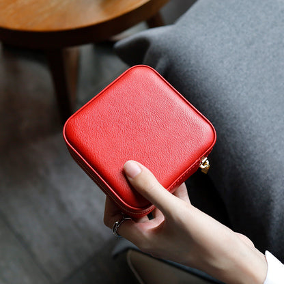 First-layer Waxed Cowhide Leather Portable Necklace Jewelry Box Storage Bag