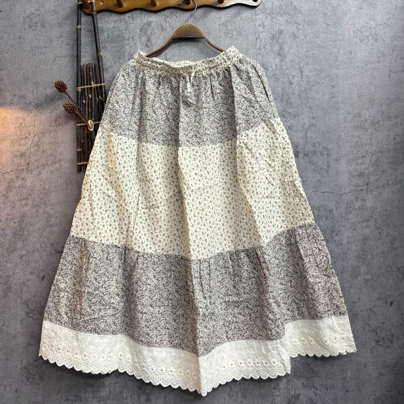 Retro Patchwork Lace Embroidered Floral Skirt