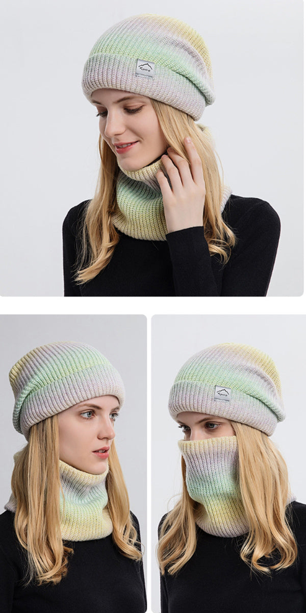 Gradient Color Thickened Knit Cap Two-piece Set