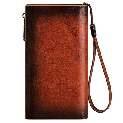 Vintage Top Layer Cowhide Leather Wallet for Men, Long Slim RFID Blocking Clutch with Zipper