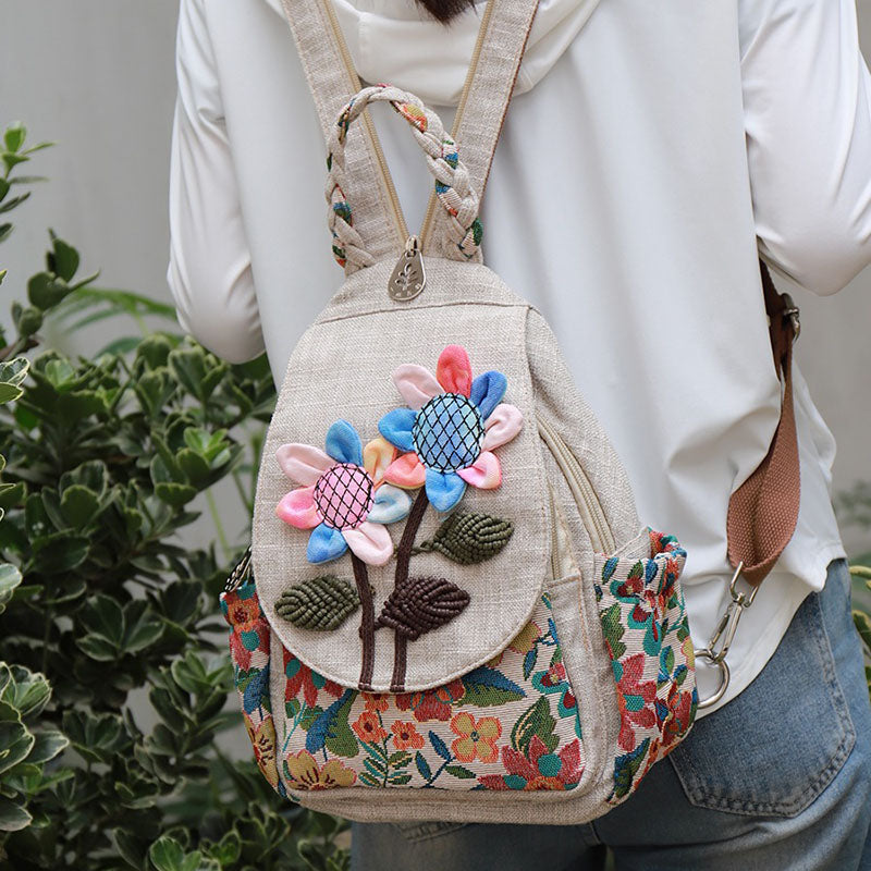 Retro Handmade Flower Canvas Bag Multi-functional Backpack