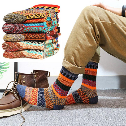Winter colorful mid-calf socks thickened pure cotton stockings retro men's ethnic style boot socks（5 Pairs 5 color)