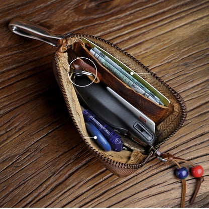 Men's genuine leather key case, vintage distressed vegetable-tanned cowhide coin purse