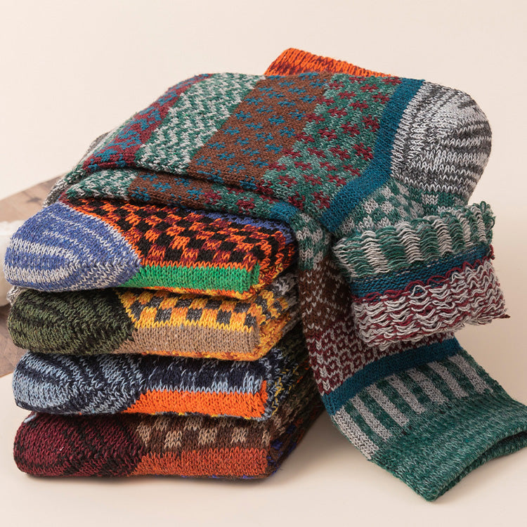 Winter colorful mid-calf socks thickened pure cotton stockings retro men's ethnic style boot socks（5 Pairs 5 color)