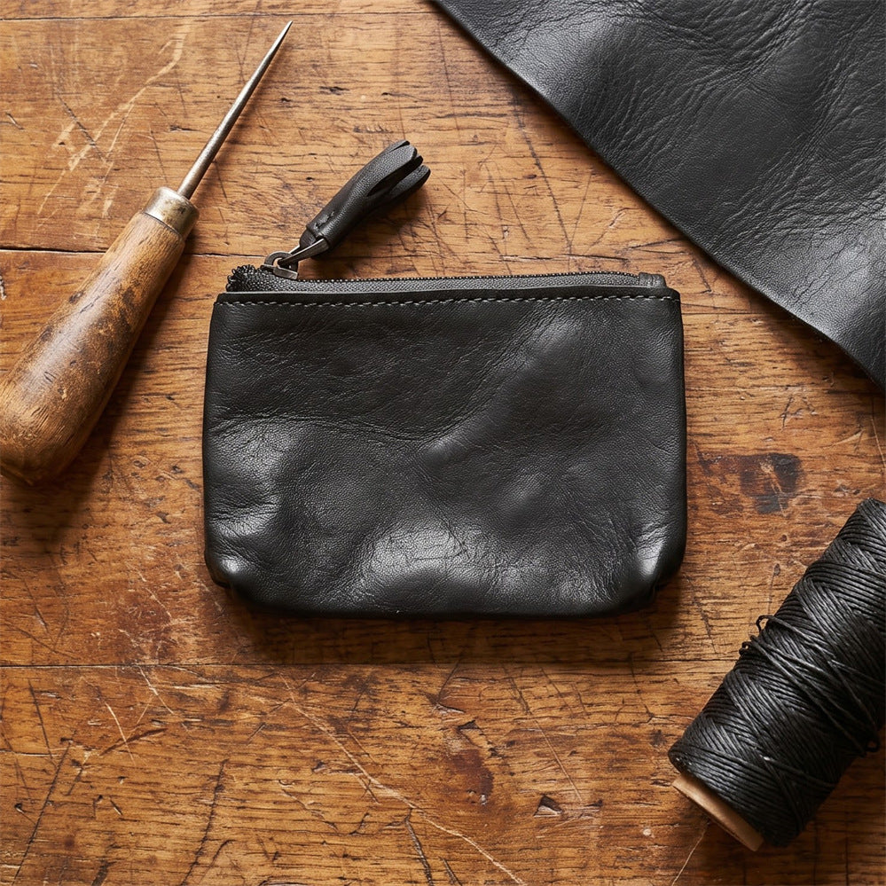 Retro Handmade Leather Zipper Wallet Coin Bag