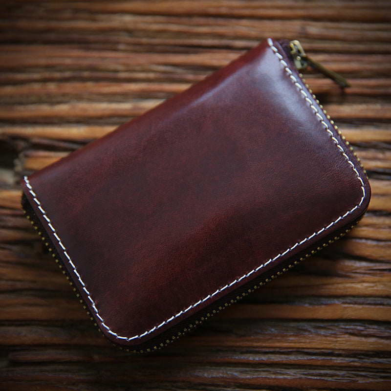 Retro Handmade Leather Zipper Wallet Card Holder