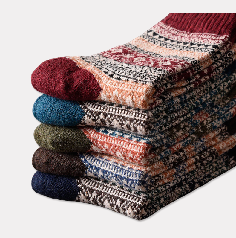 Winter colorful mid-calf socks thickened pure cotton stockings retro men's ethnic style boot socks（5 Pairs 5 color)