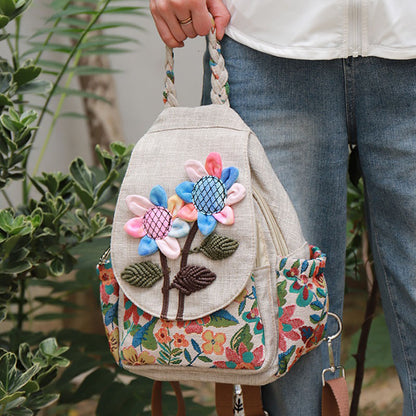 Retro Handmade Flower Canvas Bag Multi-functional Backpack