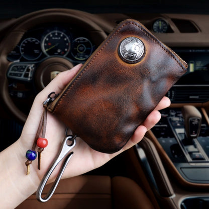 Men's genuine leather key case, vintage distressed vegetable-tanned cowhide coin purse
