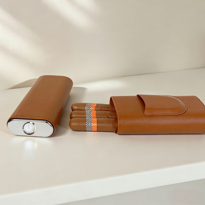 3-Cigar Genuine Leather Cigar Box with Top Hygrometer Display, Portable with Hygrometer Dial and Cedar Wood Lining