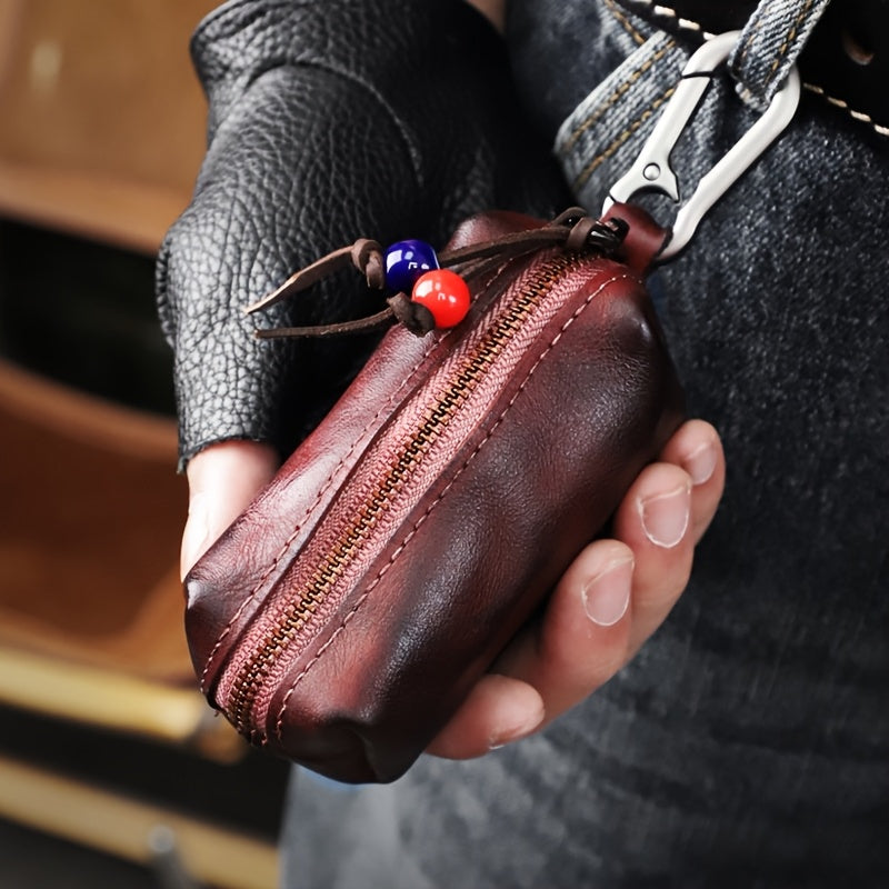 Top-grain Cowhide Vintage Zipper Key Pouch | Genuine Leather Mini Waist Bag