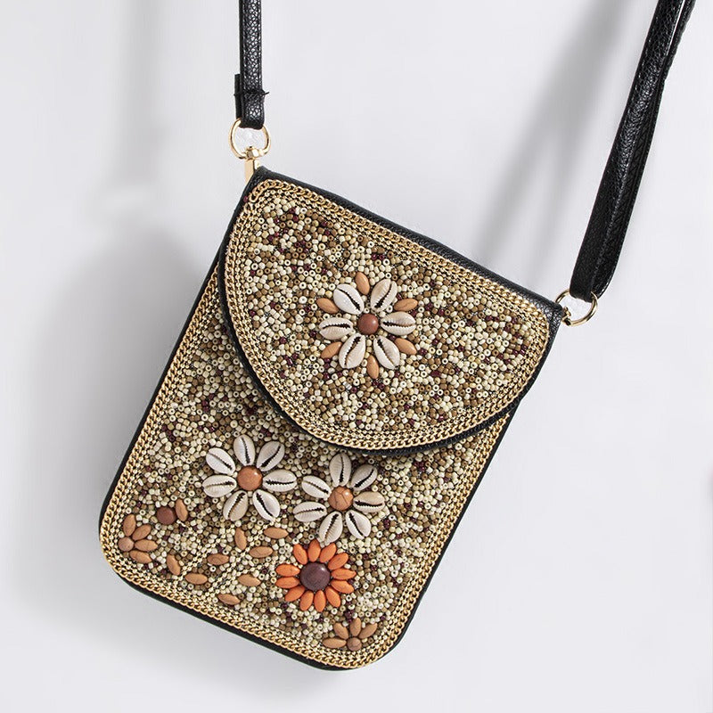 Bohemian Style Bead Shell Flowers Magnetic Button Shoulder Bag