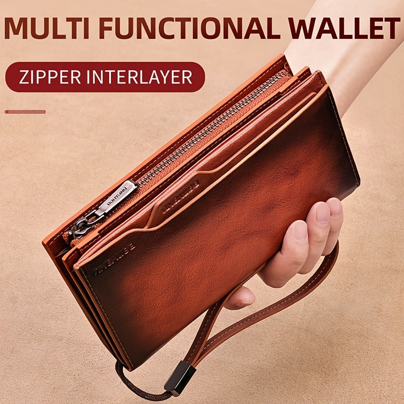 Vintage Top Layer Cowhide Leather Wallet for Men, Long Slim RFID Blocking Clutch with Zipper