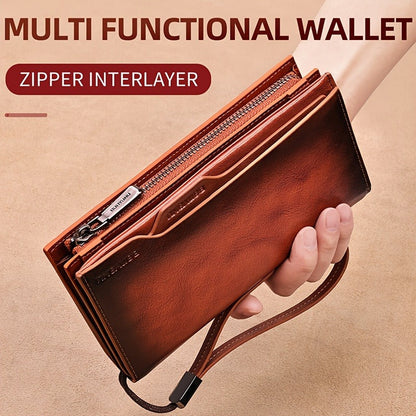 Vintage Top Layer Cowhide Leather Wallet for Men, Long Slim RFID Blocking Clutch with Zipper