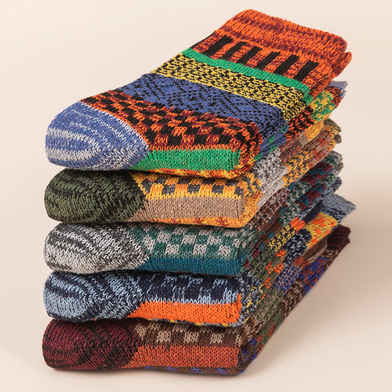 Winter colorful mid-calf socks thickened pure cotton stockings retro men's ethnic style boot socks（5 Pairs 5 color)