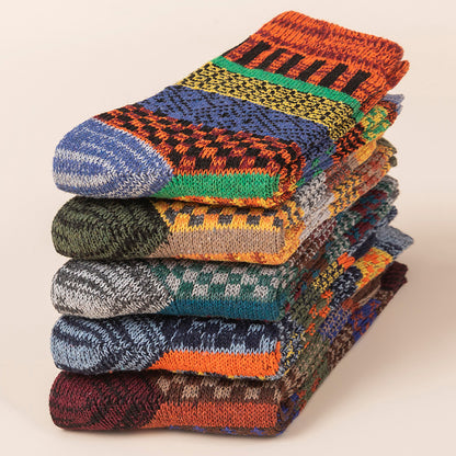 Winter colorful mid-calf socks thickened pure cotton stockings retro men's ethnic style boot socks（5 Pairs 5 color)