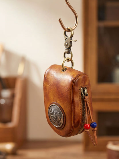 Top-grain Leather Vintage Key Pouches with Pom Pom Tassels