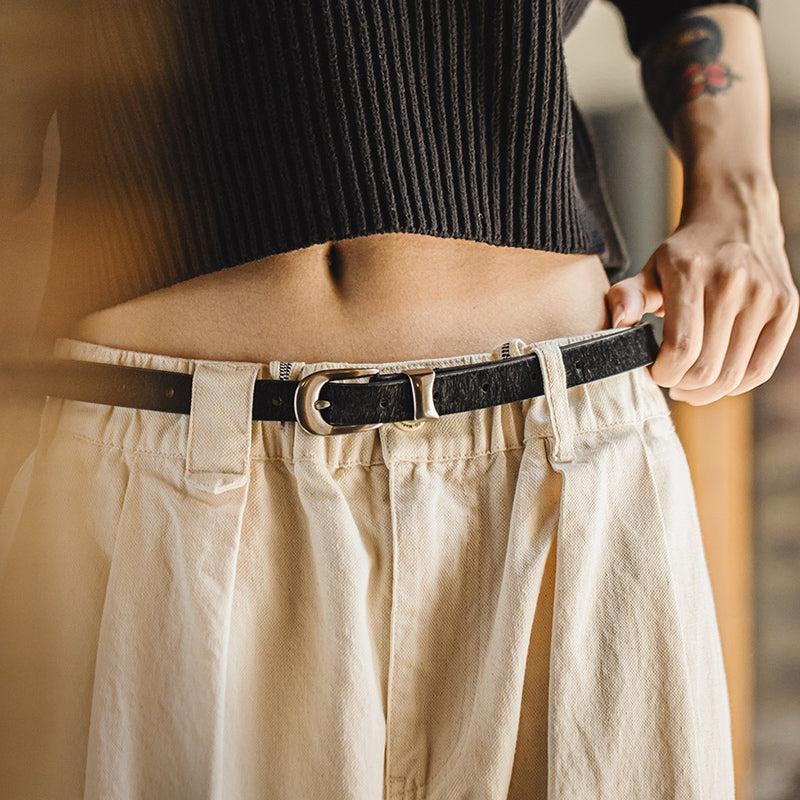 Retro Black Leopard Print Horsehair Genuine Leather Belt