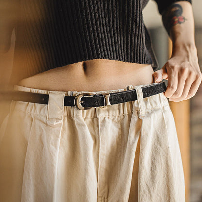 Retro Black Leopard Print Horsehair Genuine Leather Belt
