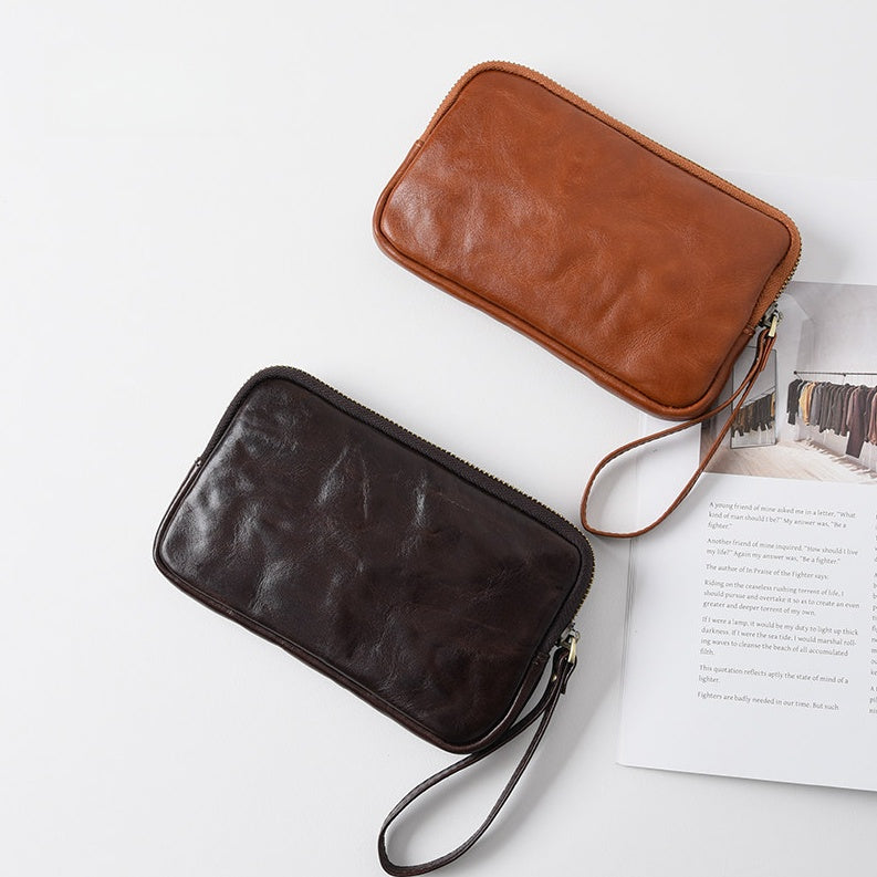 Retro Leather Distressed Top-Grain Cowhide Clutch Bag