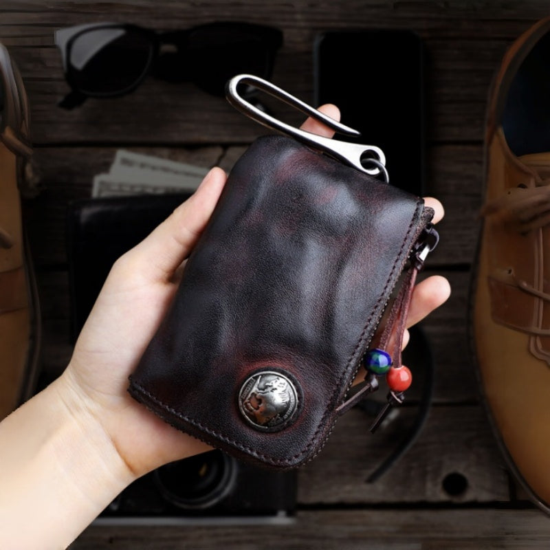 Men's genuine leather key case, vintage distressed vegetable-tanned cowhide coin purse