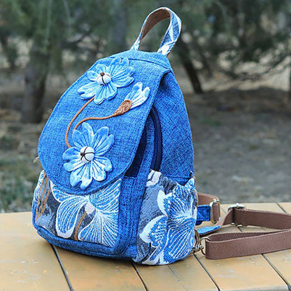 Retro Handmade Flower Canvas Bag Multi-functional Backpack