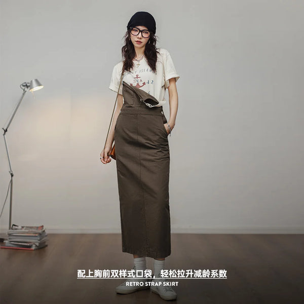 2024 New Women's Maillard Suspender Straight Skirt and Age-reducing Lazy Style Stackable Long Dress for Spring and Summer