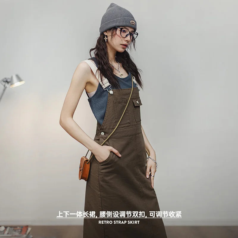 2024 New Women's Maillard Suspender Straight Skirt and Age-reducing Lazy Style Stackable Long Dress for Spring and Summer