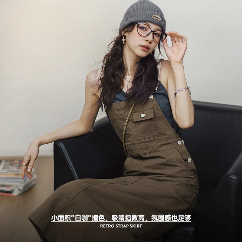 2024 New Women's Maillard Suspender Straight Skirt and Age-reducing Lazy Style Stackable Long Dress for Spring and Summer