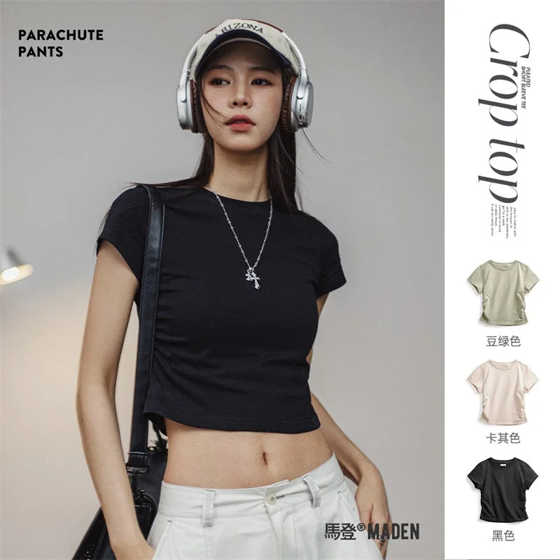 2024 Summer Cotton O-Neck T-Shirt for Women Solid Color Basic High Waist Slim Top Short T-Shirt Female Black Crop Top Tees