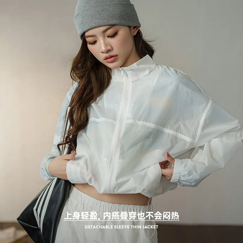 2024 Summer New Outdoor Light Short Jacket for Women Detachable Sleeve Loose Standing Collar White Top Vacation Jacket