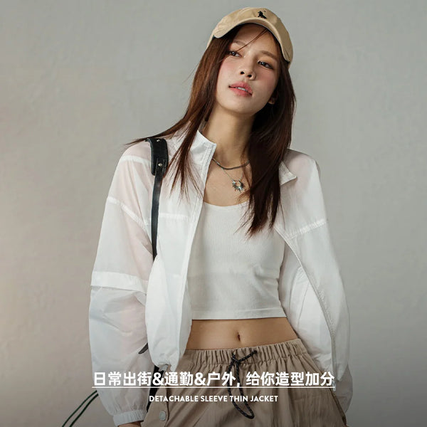 2024 Summer New Outdoor Light Short Jacket for Women Detachable Sleeve Loose Standing Collar White Top Vacation Jacket