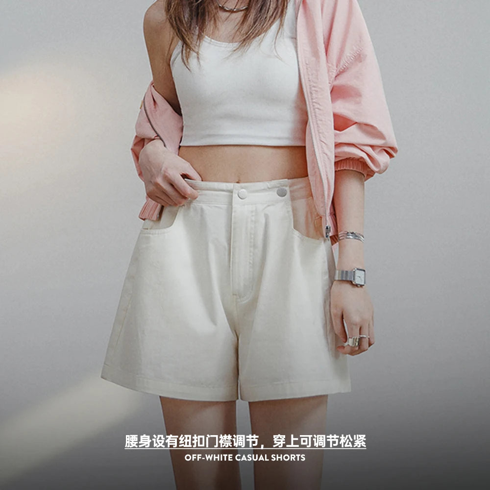 Beige Casual Shorts Women Summer Loose A-Line Wide Leg Pants Versatile Shorts Streetwear Solid Color S-XL