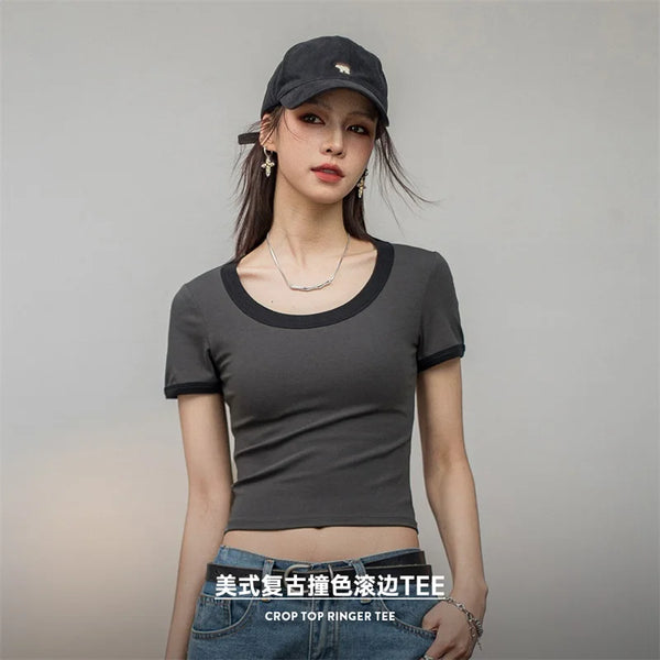 Contrasting Color Slim O-Neck T-Shirt for Women Summer Short Top Gray Green Basic Short Sleeve Women Tees T Shirt