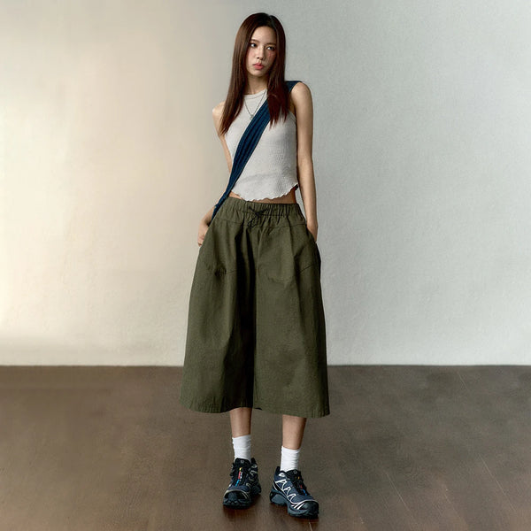 Cotton Casual Culottes for Women Elastic Waist Wide Leg Pants Loose Capris A-Line Fit Streetwear Women Trousers