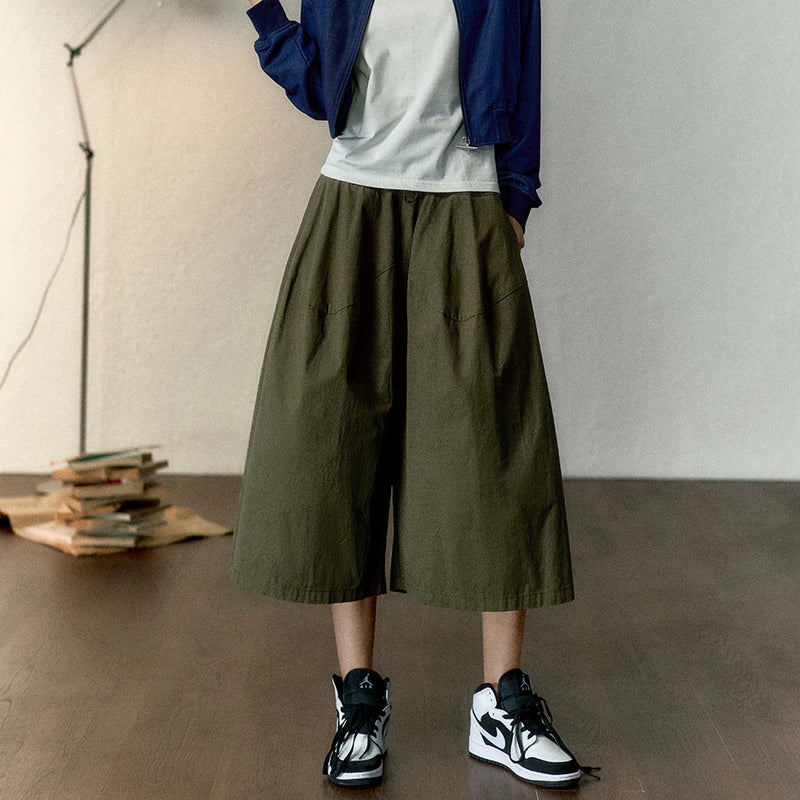 Cotton Casual Culottes for Women Elastic Waist Wide Leg Pants Loose Capris A-Line Fit Streetwear Women Trousers