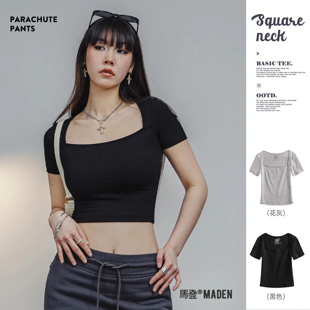 French Retro Square Neck T-shirt Women Summer Slim Short Tees Knitted Crop Top Solid Color Short Sleeve T Shirts for Women