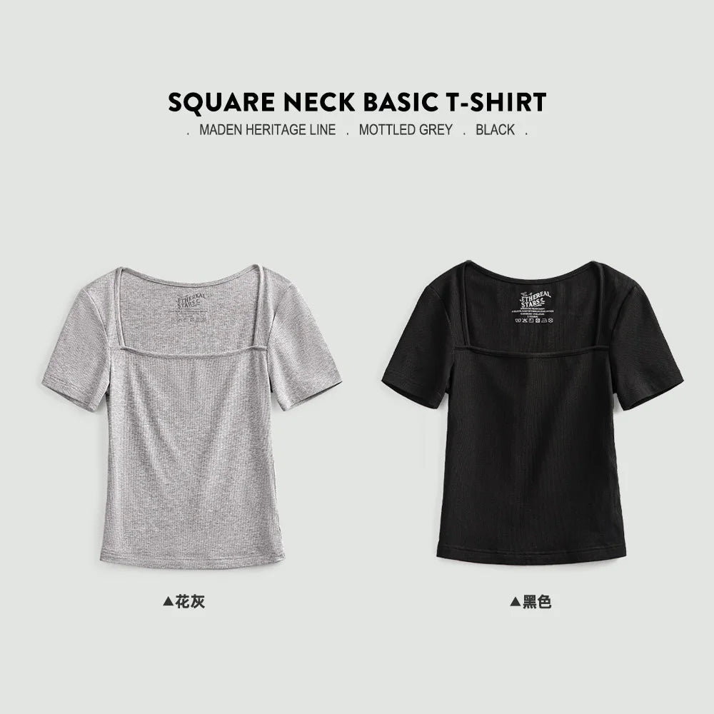 French Retro Square Neck T-shirt Women Summer Slim Short Tees Knitted Crop Top Solid Color Short Sleeve T Shirts for Women