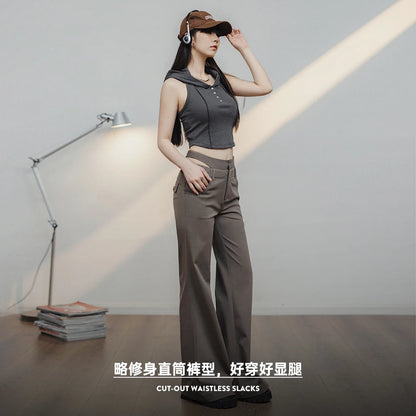 Gray Coffee Color Women's Casual Pants Cut-out Waistless Slacks Flared Pants Slim Straight Pants High-waisted Trousers