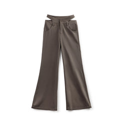 Gray Coffee Color Women's Casual Pants Cut-out Waistless Slacks Flared Pants Slim Straight Pants High-waisted Trousers