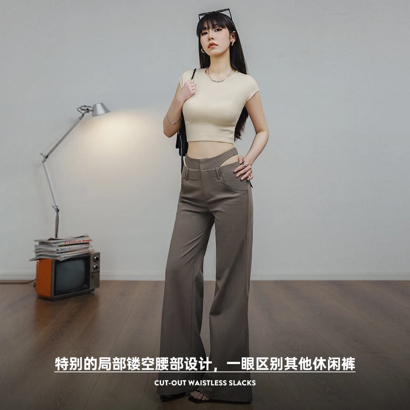 Gray Coffee Color Women's Casual Pants Cut-out Waistless Slacks Flared Pants Slim Straight Pants High-waisted Trousers